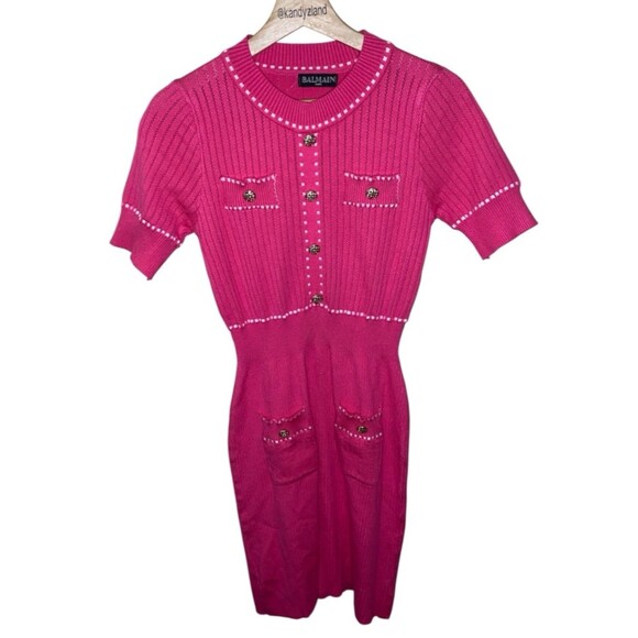 Balmain Dresses & Skirts - BALMAIN Paris Hot Pink White Knit Pull on Bodycon Style Dress